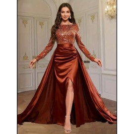 [Sequin A-Line Dress] Sequin Elegant Long Sleeve A-Line Dress | Crew Neck, Solid Color, Fitted, with Contrast Sequin Details | for Adult Women, Spring/Summer, Evening Wear