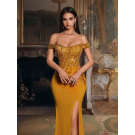 [Elegant Sequin Gown] Glamorous Elegant Off-Shoulder Sequin Gown for Women | Bodycon Mermaid Tail with High Slit, Long Formal Party Dress for Weddings, Galas & Evening Events, Solid Color Evening Wear