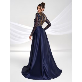 Elegant Women'S Formal Banquet Dress with Sequin Detail - Long Sleeve, Round Neck, Detachable Cape, Navy Blue/Golden Floral Print, Polyester, Perfect for Weddings and Special Occasions