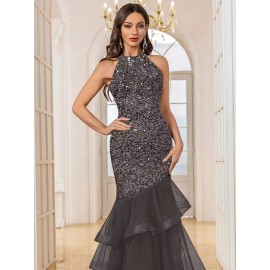 Sequin Open Back Mesh Layered Evening Gown, Elegant Women'S Party Dress for Weddings, Graduations, and Formal Dinners with Slight Stretch Fit Mermaid Skirt