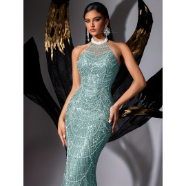 [Elegant Dress] Elegant Sleeveless Formal Dinner Dress | Champagne Halterneck Fishtail for Women - Sparkling Sequins, Mermaid Silhouette, Perfect for Galas & Weddings, Sophisticated Style, Intricate Embellishments