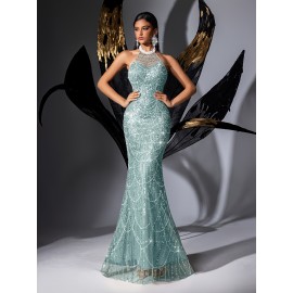 [Elegant Dress] Elegant Sleeveless Formal Dinner Dress | Champagne Halterneck Fishtail for Women - Sparkling Sequins, Mermaid Silhouette, Perfect for Galas & Weddings, Sophisticated Style, Intricate Embellishments