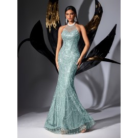 [Elegant Dress] Elegant Sleeveless Formal Dinner Dress | Champagne Halterneck Fishtail for Women - Sparkling Sequins, Mermaid Silhouette, Perfect for Galas & Weddings, Sophisticated Style, Intricate Embellishments