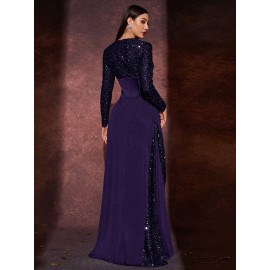 [Sequin Formal Dress] Elegant Sequin V-Neck Long Sleeve A-Line Dress | Women's Floor-Length Formal Party Gala Evening Gown with Waist-Cinching & High Slit
