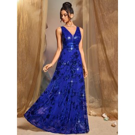 Elegant Royal Blue Sequin Gown for Women - V-Neck, Waist-Cinching Long Dress with Flowing Skirt, Perfect for Parties, Galas, and Formal Events, Formal Event Attire|Sequin Embellished Dress|Sleek Fitted Top