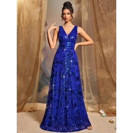 Elegant Royal Blue Sequin Gown for Women - V-Neck, Waist-Cinching Long Dress with Flowing Skirt, Perfect for Parties, Galas, and Formal Events, Formal Event Attire|Sequin Embellished Dress|Sleek Fitted Top