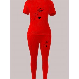 XDCH12LA10 European and American Women's Casual Sporty Round Neck Loose Short Sleeve Long Pants Set with Unique Print Two-Piece Outfit