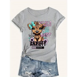 Women's Cute Cartoon Cow Print T-Shirt, Round Neck Short Sleeve Fashion Sports Tee, Comfortable Casual Top, Knitted Polyester Fabric, Romantic Style, All Seasons, Ladies Leisure Sportswear