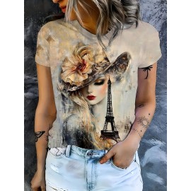 Women's French Art Style T-Shirt - Oil Painting & Eiffel Tower Print, Casual Short Sleeve Round Neck Top, Machine Washable All-Season Women's Clothing