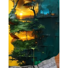 Women'S Artistic Print T-Shirt - High-Quality, Breathable Polyester, Green Forest Sunset Design with Butterflies - Casual & Comfortable for Casual Attire, Perfect for Spring/Summer/Fall