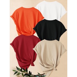 [Versatile Summer T-Shirt Set] 5pcs Versatile Summer T-Shirt Set, Women's Simple Floral Short Sleeve Chrysanthemum Print Round Neck Loose Fit Casual Fashionable Commute Vacation Everyday Top in Multiple Colors 1XL-5XL