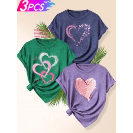[Cute Heart T-Shirts] 3pcs Women's Heart Graphic T-Shirts | Casual Crew Neck Short Sleeve Tops with 