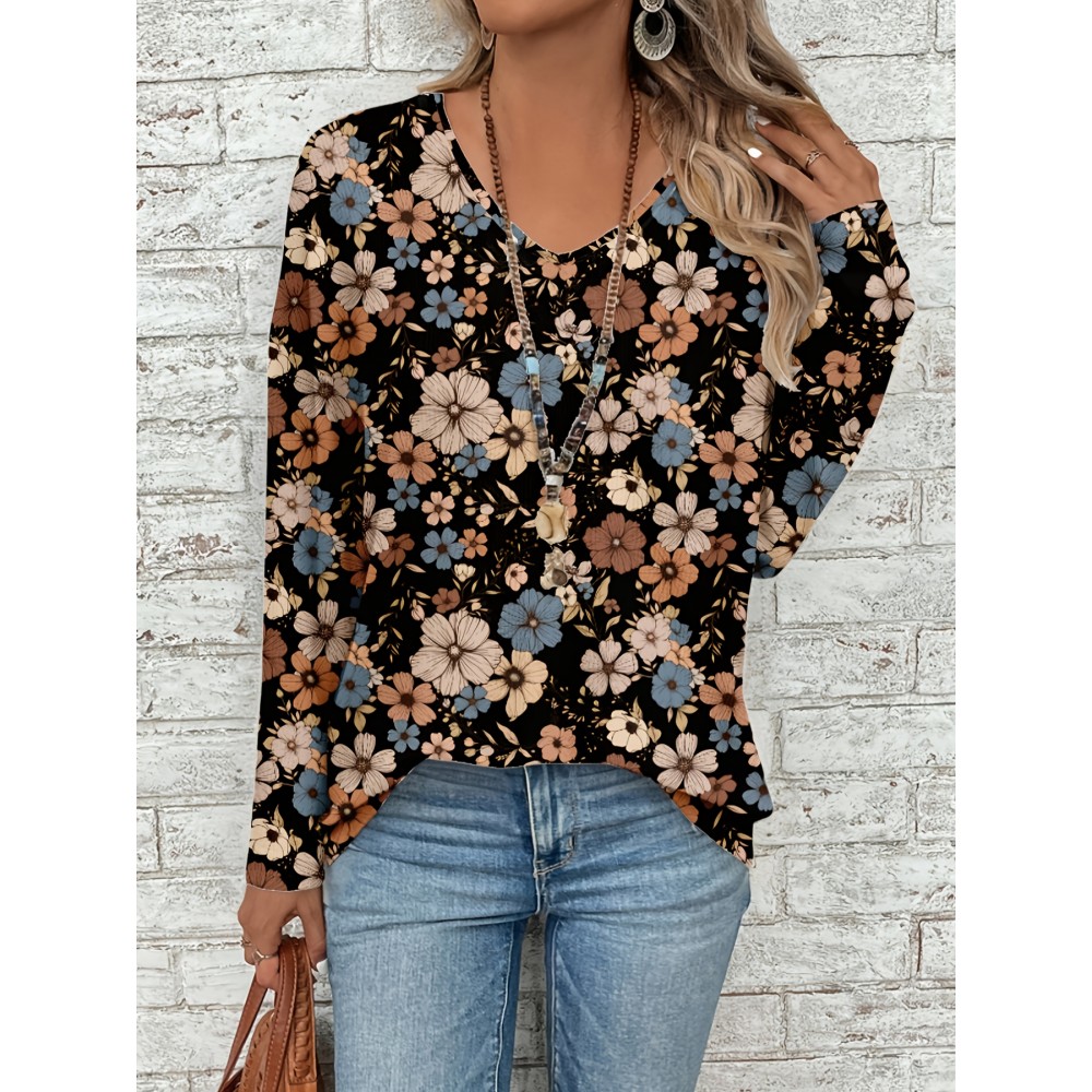 Plus Size, Plus Size Women's Elegant V-Neck Long Sleeve Blouse - Brown/Beige/Taupe Floral Print Tunic Top, Wrinkle-Resistant & Machine Washable, Loose Fit for Jeans or Dresses (Casual to Formal) - Spring Summer Fall Wardrobe Staple