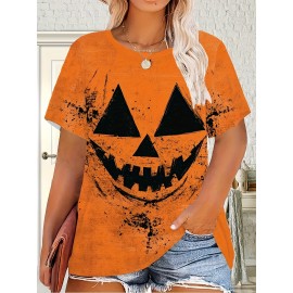 Plus Size, Women's Halloween Pumpkin Face T-Shirt - Purple & Black Spooky Graphic Tee, Plus Size Round Neck Short Sleeve Top for Halloween Party Outfits, Everyday Casual Wear - Machine Washable Costume Apparel, Halloween Clothes