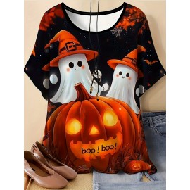 Plus Size - Plus Size Women'S Halloween Graphic Tee - 3D Witch Hat & Pumpkin Design, Soft Breathable Fabric, Round Neck Short Sleeve Top, Machine Washable, Casual Fall & Winter Wear, Perfect Halloween Gift, Halloween Costume