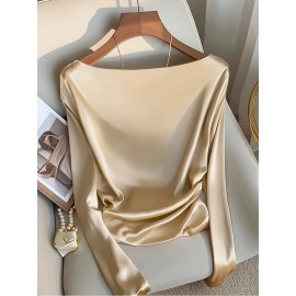 Plus Size - Elegant Plus Size Satin Blouse for Women - Long Sleeve, Off-Shoulder Design, Solid Black, Smooth Polyester Fabric, Perfect for Spring & Fall, Stylish Office Attire, Versatile Blouse | Offshoulder Top | Glossy Texture