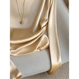 Plus Size - Elegant Plus Size Satin Blouse for Women - Long Sleeve, Off-Shoulder Design, Solid Black, Smooth Polyester Fabric, Perfect for Spring & Fall, Stylish Office Attire, Versatile Blouse | Offshoulder Top | Glossy Texture