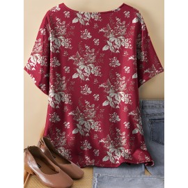 Plus Size, Oriented Plus Size Retro Multicolor Floral Print T-Shirt with Round Neck, Casual Spring/Summer Short Sleeve Top for Women - No Accessories Included