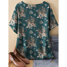 Plus Size, Oriented Plus Size Retro Multicolor Floral Print T-Shirt with Round Neck, Casual Spring/Summer Short Sleeve Top for Women - No Accessories Included
