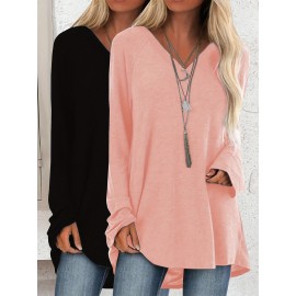 Plus Size - 2pcs Women'S Casual Long Sleeve V-Neck T-Shirts, Solid Color Asymmetrical Hem, Medium Stretch, Relaxed Fit, Plus Size, Fall Fashion Top Tee, Ladies T Shirts