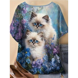 [Plus Size Floral Cat T-Shirt] Plus Size Women's 3D Floral & Cat Print T-Shirt - Stretchy Round Neck Short Sleeve Summer Top, Machine Washable Casual Elegant Outdoor Wear