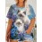 [Plus Size Floral Cat T-Shirt] Plus Size Women's 3D Floral & Cat Print T-Shirt - Stretchy Round Neck Short Sleeve Summer Top, Machine Washable Casual Elegant Outdoor Wear