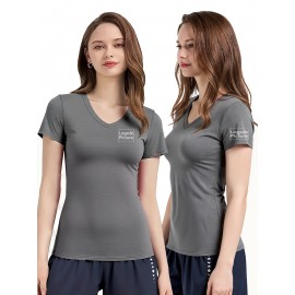 Women'S V-Neck T-Shirt with Left Chest & Sleeve Logo Print, Customizable Personal Design, Soft Breathable Stretch Fabric for Comfortable Movement - Perfect for, Casual Wear, Yoga, Dance & Sports Teams, Comfortable Fit, Durable Construction