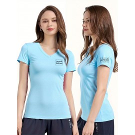 Women'S V-Neck T-Shirt with Left Chest & Sleeve Logo Print, Customizable Personal Design, Soft Breathable Stretch Fabric for Comfortable Movement - Perfect for, Casual Wear, Yoga, Dance & Sports Teams, Comfortable Fit, Durable Construction