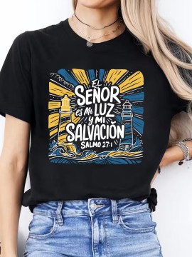 Women's Casual Short Sleeve T-Shirt - Vibrant Yellow Spanish Letter Print with Lighthouse & Wave Design, Inspirational 