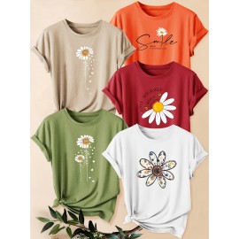 [Versatile Summer T-Shirt Set] 5pcs Versatile Summer T-Shirt Set, Women's Simple Floral Short Sleeve Chrysanthemum Print Round Neck Loose Fit Casual Fashionable Commute Vacation Everyday Top in Multiple Colors 1XL-5XL
