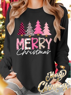 Christmas Autumn and Winter Outfits Pink Christmas Tree Letter Print Round Neck Casual Sporty Fresh Elegant Plus Size Women'S T-Shirt Autumn and Winter Long Sleeve Fashion Commute Vacation Daily Versatile Retro Style Top Multiple Colors Available 1XL-5XL