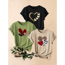 3pcs Women'S Casual Short Sleeve T-Shirts with Leopard Print & Heart Design - Loose Fit, Round Neck, Medium Stretch, All-Season Comfort, Available in 1XL-5XL Sizes, Leopard Print T Shirt, Vacation Clothing, Trendy Fashion, Comfortable Fit