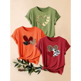 3pcs Women'S Casual Short Sleeve T-Shirts with Leopard Print & Heart Design - Loose Fit, Round Neck, Medium Stretch, All-Season Comfort, Available in 1XL-5XL Sizes, Leopard Print T Shirt, Vacation Clothing, Trendy Fashion, Comfortable Fit