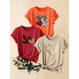 3pcs Women'S Casual Short Sleeve T-Shirts with Leopard Print & Heart Design - Loose Fit, Round Neck, Medium Stretch, All-Season Comfort, Available in 1XL-5XL Sizes, Leopard Print T Shirt, Vacation Clothing, Trendy Fashion, Comfortable Fit