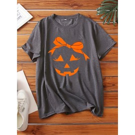 Plus Size - Women'S Plus Size Halloween T-Shirt - Casual Crew Neck Short Sleeve with Jack-O'-Lantern Print, Black, 1-8XL, All-Season Comfort, Halloween Clothing | Halloween Apparel | Stretchable Fabric